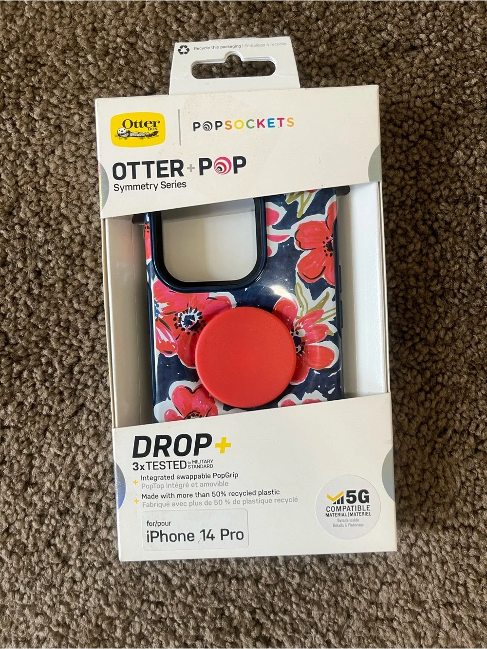Otter+Pop Symmetry Series iPhone 14 Pro Case with Red PopGrip - Floral Navy
